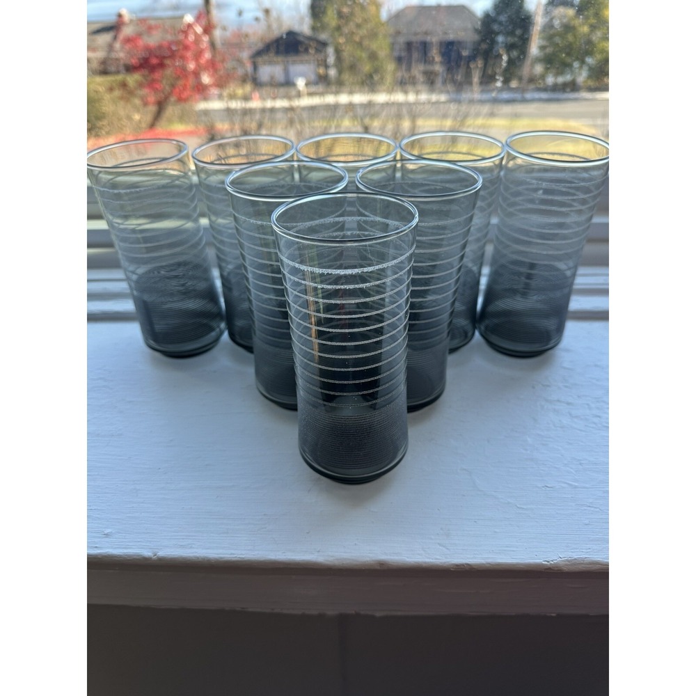 Set of Eight Vintage Banded Umber Silver & Gray Drinking Glasses Atomic 1970's!